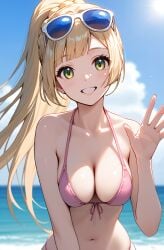 1girl ai_generated beach beach_background bikini bikini_top blodne_hair blonde_hair braid breasts clouds eyewear_on_head female finger_nails green_eyes hair_between_eyes lake large_breasts lillie_(pokemon) long_hair navel nude ocean paquebot pink_bikini pink_bikini_top pokemon pokemon_sm pokemon_usm ponytail side_braid smile smiling smiling_at_viewer sunglasses sunlight water wave waving