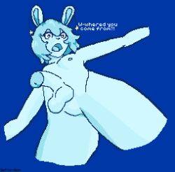 anthro bottombun digital_media_(artwork) erection eye_contact femboy front_view genitals hi_res lagomorph leporid looking_at_another looking_at_viewer low-angle_view male mammal nude penis pixel_(artwork) rabbit sneak_attack solo surprise uu worm's-eye_view