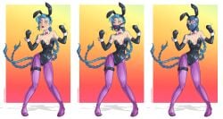 blue_hair bondage bondage_mittens bound bunny_girl bunnysuit cleavage female female_only femsub fully_clothed gag gloves hood jinx_(league_of_legends) latex latex_clothing long_gloves mittens pantyhose revealing_clothes shiny_clothes sleepystephbot tight_clothing