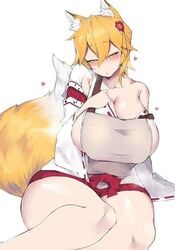 <3 aged_up alternate_breast_size big_breasts blush blushing breasts cham22 chamchami eye_contact fox fox_ears fox_girl fox_tail half-closed_eyes heart hearts huge_breasts japanese_clothes japanese_clothing kemonomimi kimono kitsune kitsunemimi large_breasts milf no_bra orange_hair senko_(sewayaki_kitsune_no_senko-san) sewayaki_kitsune_no_senko-san shrine_maiden thick_thighs white_background yellow_eyes yellow_hair