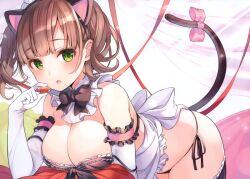 ass_visible_through_thighs bare_belly bare_shoulders black_panties black_t black_thighhighs blush breasts brown_hair cat_tail cleavage eating elbow_gloves gloves green_eyes koga_(ringozaka_mariko) maid maid_outfit medium_breasts open_mouth original panties ribbon ringozaka_mariko thighhighs thighs twintails white_gloves