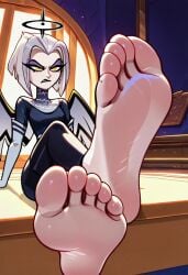 ai_generated angel angel_wings angry annoyed black_lipstick feet feet_focus foot_fetish front_view frown hazbin_hotel kuriva looking_at_viewer lute_(hazbin_hotel) makeup pale-skinned_female soles white_hair