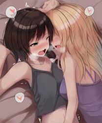 2girls after_kiss babydoll bed_sheet black_hair blonde_hair blush breasts breath camisole fumei_(mugendai) heart heavy_breathing holding_hands implied_fingering kissing long_hair lying_on_person maribel_hearn medium_breasts multiple_girls one_eye_closed open_mouth pillow renko_usami saliva saliva_trail short_hair small_breasts spoken_heart tank_top touhou trembling usami_renko yellow_eyes yuri