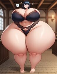 !! ai_generated barefoot black_lingerie gigantic_ass gigantic_breasts growth hyper_ass hyper_breasts lace_trim lingerie notice_lines plump ssss.gridman stable_diffusion suprised suprised_look sweatdrop takarada_rikka tavern toes