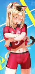 abdomen belly belly_button blonde_hair cameltoe cat_ears cat_tail catgirl choker collar haikyuu!! kenma_kozume navel petite petite_body petite_female petite_girl red_shorts rule_63 shirt_lift shorts small_breasts smaller_female sports_shorts sports_uniform sportswear tail tsunade waifu_diffusion waligner