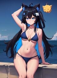 1girls ai_generated beach_background bell bikini black_hair blue_eyes blush breast cat_ears female fogine long_hair looking_at_another lowres navel neko nott_vt one_arm_up owozu pose sitting solo stomach virtual_youtuber