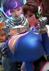 2girls asian asian_female astronaut big_breasts blizzard_entertainment breasts brown_hair brown_hair_female brunette brunette_hair cheek_markings d.va dropyuh_(artist) female female_focus female_only hana_song huge_breasts juno_(overwatch) korean korean_female light-skinned_female light_skin multiple_girls overwatch overwatch_2 pony_tail ponytail purple_hair purple_hair_female