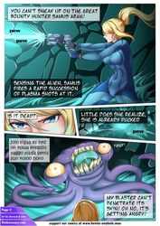 blonde_hair blue_eyes bodysuit cameltoe comic dialogue english_text female gun jberserk limn long_hair metroid monster nintendo otakusexart page_2 penis_tentacles samus_aran tentacle zero_suit_samus