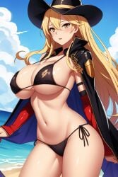 ai_generated azur_lane beach big_breasts bikini black_bikini blonde_hair cape cowboy_hat curvy_female curvy_figure hornet_(azur_lane) long_hair sfa1903 thighs