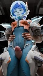 3d activision blizzard_entertainment dme_nsfw grabbing_waist holding_waist juno_(overwatch) looking_at_penis overwatch overwatch_2 penis penis_between_thighs tagme