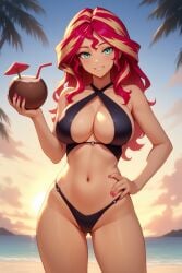 1girls ai_generated ass_visible_through_thighs beach big_breasts bikini black_bikini bocas_top breasts cleavage coconut coconut_drink drinking_straw equestria_girls female female_only friendship_is_magic hasbro large_breasts looking_at_viewer my_little_pony nai_diffusion nail_polish navel novelai ocean palm_tree red_nails stable_diffusion sunset sunset_shimmer tantabus_link thighs
