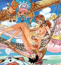 1girls artist_request beach clothed_male_nude_female cunnilingus edit edited female female_nudity jinbe licking_pussy long_tongue male monkey_d_luffy nami official_art one_piece orange_hair ponytails public_nudity pussy pussy_licking tongue_out tony_tony_chopper