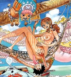 1girls artist_request beach clothed_male_nude_female cunnilingus edit edited female female_nudity jinbe licking_pussy long_tongue male monkey_d_luffy nami nude_filter official_art one_piece orange_hair ponytails public_nudity pussy pussy_licking tongue_out tony_tony_chopper