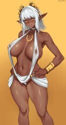 1girls 2024 absurd_res big_breasts blush brillance_(ultrabinou) dark-skinned_female dark_elf dark_skin elf elf_ears elf_female female female_only fit_female hands_on_hips hourglass_figure huge_breasts inner_sideboob jewelry laurel_crown looking_at_viewer nipple_bulge original pointy_ears sideboob simple_background skimpy skimpy_clothes slim_waist smiling smiling_at_viewer solo thick_thighs ultrabinou white_hair wide_hips yellow_background yellow_eyes