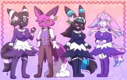 1boy 3girls 3girls1boy amulet black_hair blue_eyes blue_eyes_female blue_gem blush blushing_female blushing_profusely breasts clothed cyan_eyes flower flower_background flower_in_hair golden_eyes heart legs_together long_hair pokemon pokemon_(species) pokephilia purple_eyes purple_eyes_female purple_gem ribbon skirt smiling smiling_at_viewer socks starletnexus starlight_nexus stockings thigh_high_socks thigh_highs thighhigh_socks thighhighs