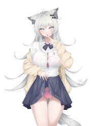 arknights breasts_squeezed_together cleavage lappland_(arknights) large_breasts nanaya_journey revealing school_uniform skirt_lift wolf_ears wolf_girl wolf_tail