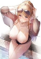 1girls azur_lane bismarck_(azur_lane) bismarck_zwei_(azur_lane) bismarck_zwei_(crystal-clear_holiday)_(azur_lane) blonde_hair blue_eyes blush breasts_out exposed_breasts huge_breasts large_breasts long_hair looking_at_viewer pool poolside sea_nami sunglasses sunglasses_on_head swimsuit tagme topless wet