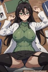 ai_generated aindroidparanoid big_breasts black_hair breasts glasses green_eyes green_sweater hasegawa_chisato huge_breasts large_breasts long_hair lying narrow_waist nipples nurse panties school shinmai_maou_no_testament slim_waist spread_legs stable_diffusion stockings taller_girl tits_out topless wide_hips