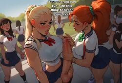 ai_generated blonde_hair erection female futanari grabbing_penis green_eyes horny huge_breasts huge_cock people_in_background ponytail red_hair school_uniform schoolgirl standing supermanson text touching_penis