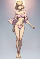 ai_generated blonde_hair cha_hae_in female looking_at_viewer pink_bra pink_panties pink_underwear short_hair solo_leveling