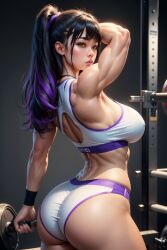 ai_generated ass big_ass big_breasts black_hair breasts dat_ass fit fit_female gym gym_clothing huge_ass large_ass large_breasts multicolored_hair muscular muscular_female purple_highlights