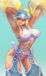 alternate_costume armpits arms_up blonde_hair blue_mary busty crop_top female female_focus female_only hourglass_figure huge_breasts king_of_fighters king_of_fighters_maximum_impact large_breasts mayomakadays skimpy skimpy_clothes snk tagme thick_thighs wide_hips