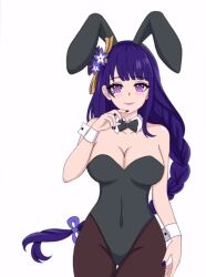 blush bunny_ears bunnysuit cleavage cosplay genshin_impact hair_ornament hfxpins purple_hair raiden_shogun