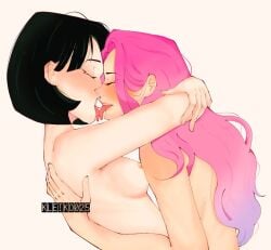 2girls alien_stage arms_around_neck artist_name black_hair blush breasts closed_eyes kleiko025 long_hair mizi_(alien_stage) nude nude_female pink_hair short_hair sua_(alien_stage) tongue tongue_kiss tongue_out two-tone_hair yuri