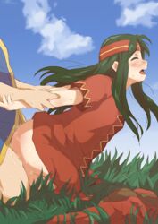 1boy 1girls blue_sky blush bottomless closed_eyes cloud cum cum_inside day female fire_emblem fire_emblem:_the_binding_blade from_side grass green_hair headband kuhuku006f86 long_hair open_mouth outdoors sex short_sleeves sky solo_focus straight sue_(fire_emblem)