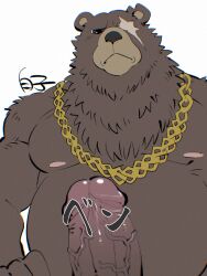 anthro bear belly ben_bigger brown_body brown_fur erection facial_scar fur genitals hi_res jewelry male male_only mammal mihoyo missing_eye musclegut muscular neck_tuft necklace nipples nude overweight pecs penis scar shirako solo solo_male tuft vein veiny_penis zenless_zone_zero