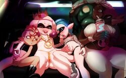 2boys 2girls agent_8_(splatoon) anthro balls cephalopod cephalopod_humanoid double_handjob femdom flat_chest handjob hi_res humanoid idlecil inkling inkling_boy inside_car limousine marina_(splatoon) marine mask_(marking) mollusk nintendo nipples octarian octoling octoling_boy off_the_hook_(splatoon) pearl_(splatoon) penis pointy_ears size_difference smaller_male splatoon squid tentacle tentacle_hair video_games