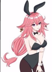 blush bunny_ears bunnysuit cleavage cosplay genshin_impact hfxpins pink_hair yae_miko