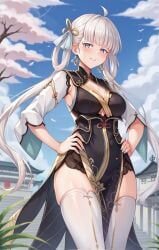 1girls ai_generated black_dress blush breasts hands_on_hips jinhsi_(wuthering_waves) kawaii_waifus light_blue_eyes looking_at_viewer medium_breasts nail_polish solo solo_female tagme white_hair wuthering_waves