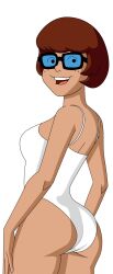 1girls big_ass brown_hair caucasian freckles glasses light-skinned_female scooby-doo scooby-doo!_camp_scare short_hair smile swimsuit velma_dinkley white_swimsuit wide_hips