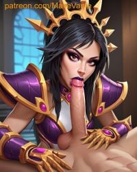 ai_generated armor balls black_hair blizzard_entertainment blowjob blowjob_face diablo li-ming lipstick orange_eyes penis purple_lipstick sucking sucking_penis