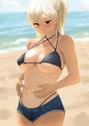 beach belly_grab bikini blonde_hair blush braid breasts female highleg_bikini hotpants mole mole_under_eye nail_polish navel_piercing piercing shorts skindentation tanline