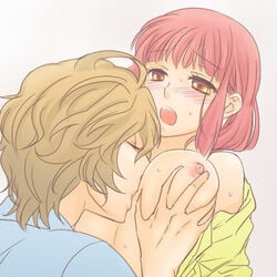 blush brown_hair eyebrows_visible_through_hair groping nanami_haruka no_bra open_mouth open_shirt pink_hair shinomiya_natsuki shinzou sweat uta_no_prince-sama yellow_eyes