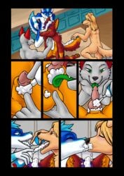 animal_genitalia animal_penis anthro balls canid canine comic digital_media_(artwork) food fox fur fuzzdrake101 hair hi_res kissing male mammal nivek nude open_mouth pawpads paws penis red_fur smile teeth tongue whipped_cream