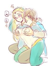 1boy1girl blue_eyes blushing_female breasts breath_of_the_wild color dripping_pussy gerudo_outfit grabbing_breasts green_eyes hylian hylian_ears kaido_sakura_(海棠深月) licking licking_neck light-skinned_female light-skinned_male link link_(breath_of_the_wild) nintendo nipples pleasured_face princess_zelda rubbing_nipples squeezing_breast the_legend_of_zelda wet_pussy zelda_(breath_of_the_wild)