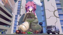 1girls 3d 3d_custom_girl barefoot blush blush building car city giantess halo_(game) halo_(series) hand_on_breast hand_on_lap in-game low_effort medium_breasts pink_hair purple_eyes screencap screenshot sitting skyscraper skyscrapers smile truck van