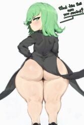 1girls ass big_ass black_dress bottom_heavy dialogue english_text female female_only from_behind green_eyes green_hair huge_ass one-punch_man short_hair shortstack solo tatsumaki text thick_thighs ttt_ia23 wide_hips