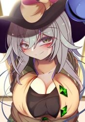 1girls big_breasts breasts cleavage clothed_female green_eyes green_hair hat kna28064212 koishi_komeiji light-skinned_female smile solo solo_female touhou