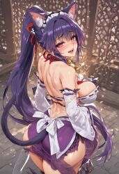 1girls ai_generated apron big_ass big_breasts blush cat_ears cat_tail catgirl dreambuild female female_only from_behind large_ass large_breasts maid maid_apron maid_headdress maid_outfit maid_uniform ponytail purple_eyes purple_fur purple_hair shiny_skin smile solo solo_female solo_focus torn_clothes white_apron