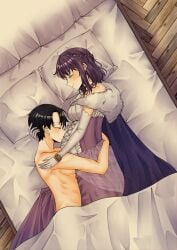 1boy 1girls bed bedroom black_hair cape closed_eyes clothed_female_nude_male couple cuddling dress fault_milestone female fur_trim gown kissing_belly lace laying_on_bed long_dress lying lying_on_bed male nude_male nude_male_clothed_female on_bed pregnant princess purple_cape purple_dress purple_hair ritona_reighnvhasta straight wholesome