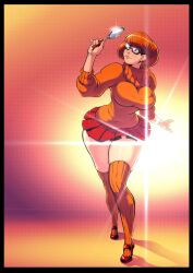 1girls big_breasts birthing_hips blush bra_visible_through_clothes brown_hair curvy glasses huge_hips magnifying_glass orange_sweater orange_thighhighs red_shoes red_skirt scooby-doo short_hair short_skirt small_waist thick_hips thick_thighs velma_dinkley voluptuous wide_hips