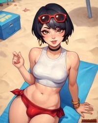 1futa absurd_res absurd_resolution absurdres ai_assisted ai_generated beach beach_towel black_hair bulge bulge_through_clothing choker cock_bulge collar crop_top cute dickgirl earrings evie_(fortnite) eyelashes eyeliner fit fit_female fit_futanari fortnite futa_bulge futa_only futanari glasses high_resolution highres looking_at_viewer makeup midriff pale-skinned_female pale-skinned_futanari pale_skin penis_bulge petite petite_body petite_breasts petite_female petite_futanari short_hair sitting skinny small_breasts solo sunglasses sunglasses_on_head tank_top thecoomjurer