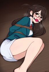 ball_gag blush bondage bound brown_hair female female_only fully_clothed gag gagged glasses kanojo_okarishimasu mizuhara_chizuru on_the_floor tied_up