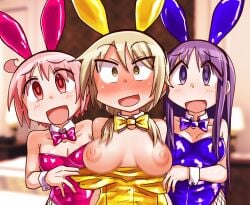 3girls alternate_version_at_source blonde_hair bunnysuit chiden female female_only flashing flashing_breasts hinata_yukari ichii_yui looking_at_viewer nonohara_yuzuko pink_eyes pink_hair playboy_bunny purple_eyes purple_hair shocked yellow_eyes yellow_hair yuyushiki