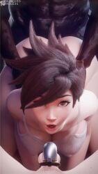 1girls 2boys 3d blackedr34 chastity_cage cuckold cuckold_pov dark-skinned_male dark_skin female from_behind interracial looking_at_viewer male overwatch overwatch_2 pov small_penis tracer