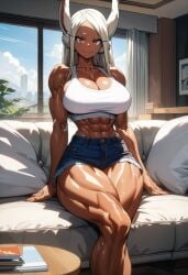 abs ai_generated big_breasts breasts brown_body brown_skin cleavage collarbone female female_focus female_only kemonogirls large_breasts long_hair mirko miruko muscular muscular_female my_hero_academia red_eyes rumi_usagiyama thick_thighs thighs white_hair